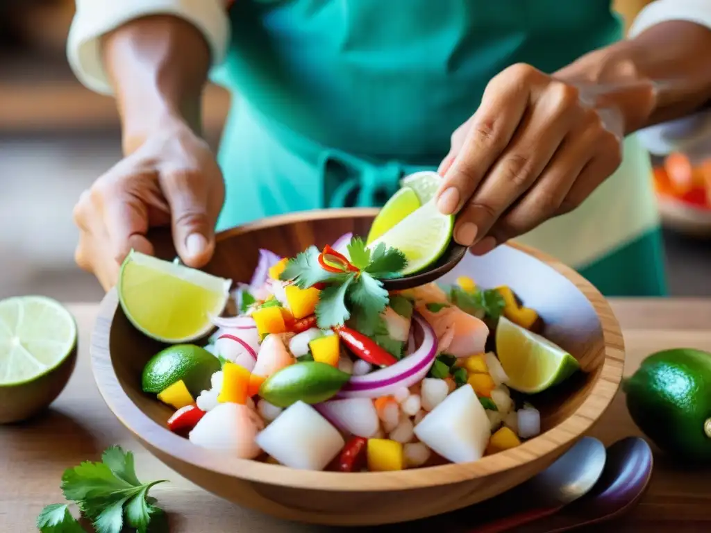 Un chef peruano tradicional y contemporáneo preparando ceviche con ingredientes frescos en un mercado local vibrante