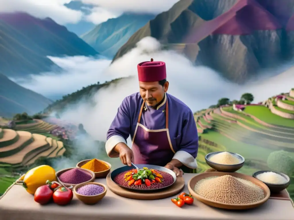 Un chef peruano tradicional contemporáneo en la Sierra preparando una colorida y elaborada receta con ingredientes locales, con los Andes de fondo