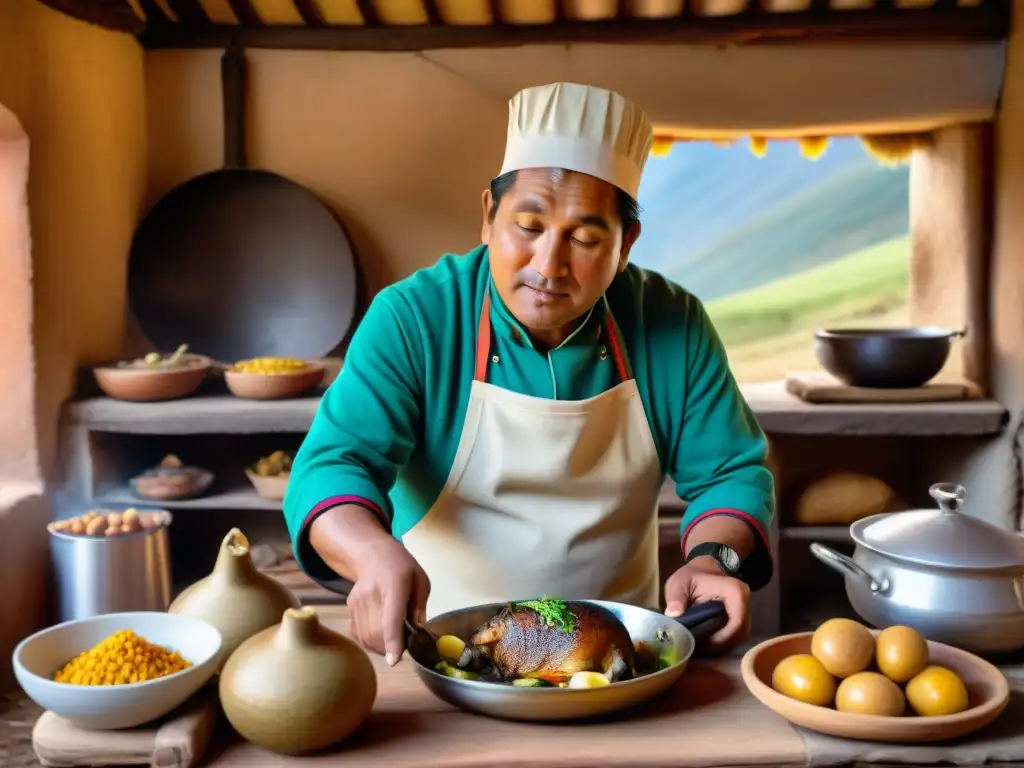 Un chef peruano tradicional preparando Cuy al Horno en una cocina rústica en la Sierra