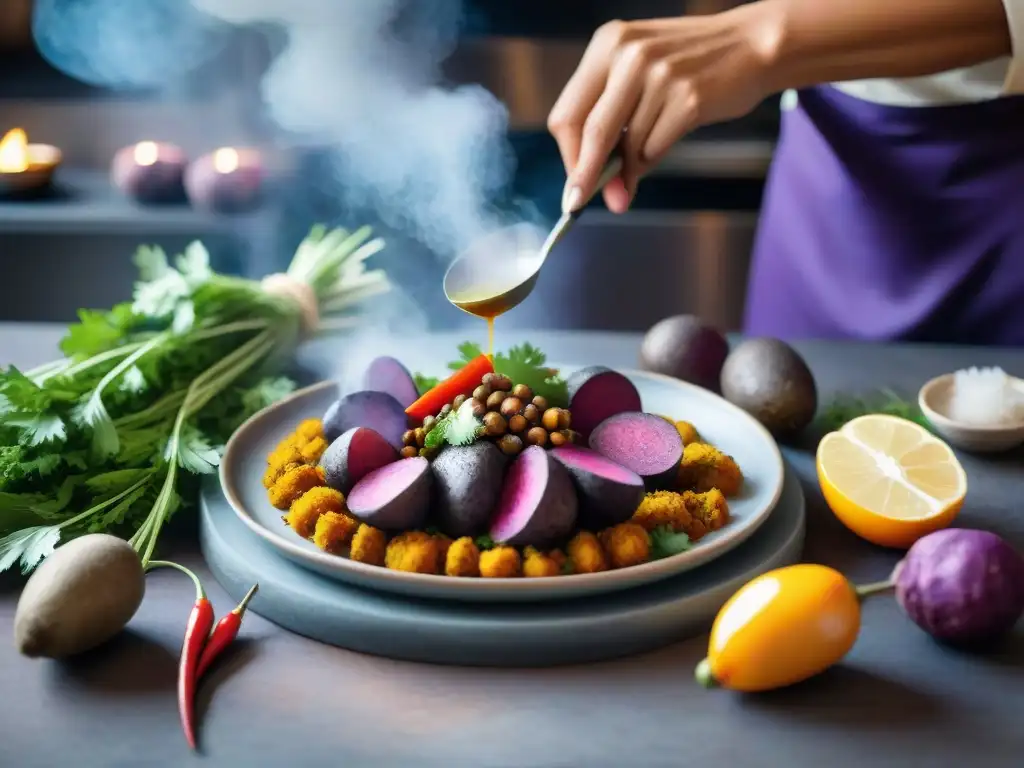 Un chef peruano tradicional preparando con destreza un delicado plato de cuy en una cocina vibrante