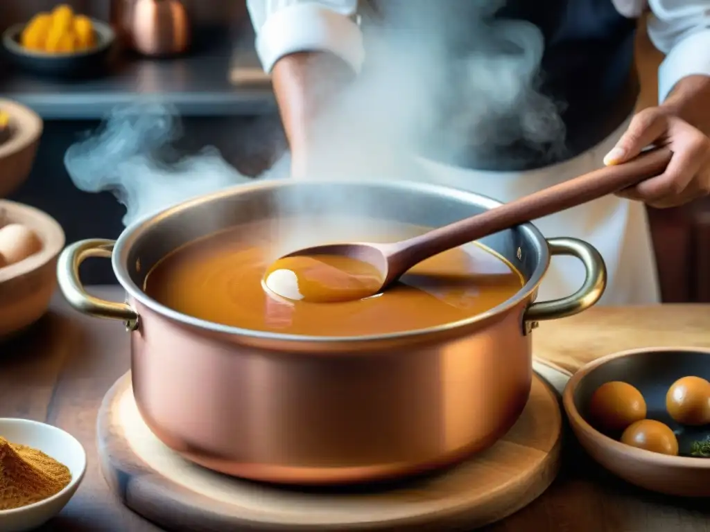 Un chef peruano tradicional remueve con destreza un gran caldero de dulce de leche, revelando la esencia de la herencia culinaria