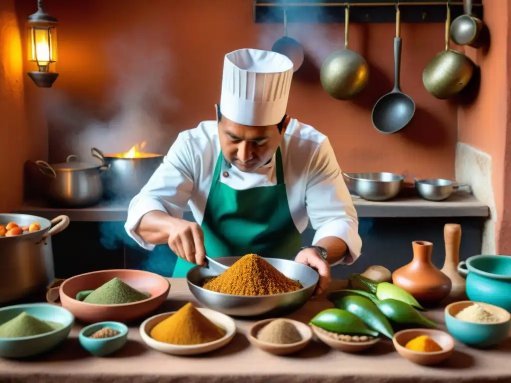 Un chef peruano tradicional prepara con destreza un plato del norte de Perú usando algarrobo, resaltando los beneficios de esta gastronomía