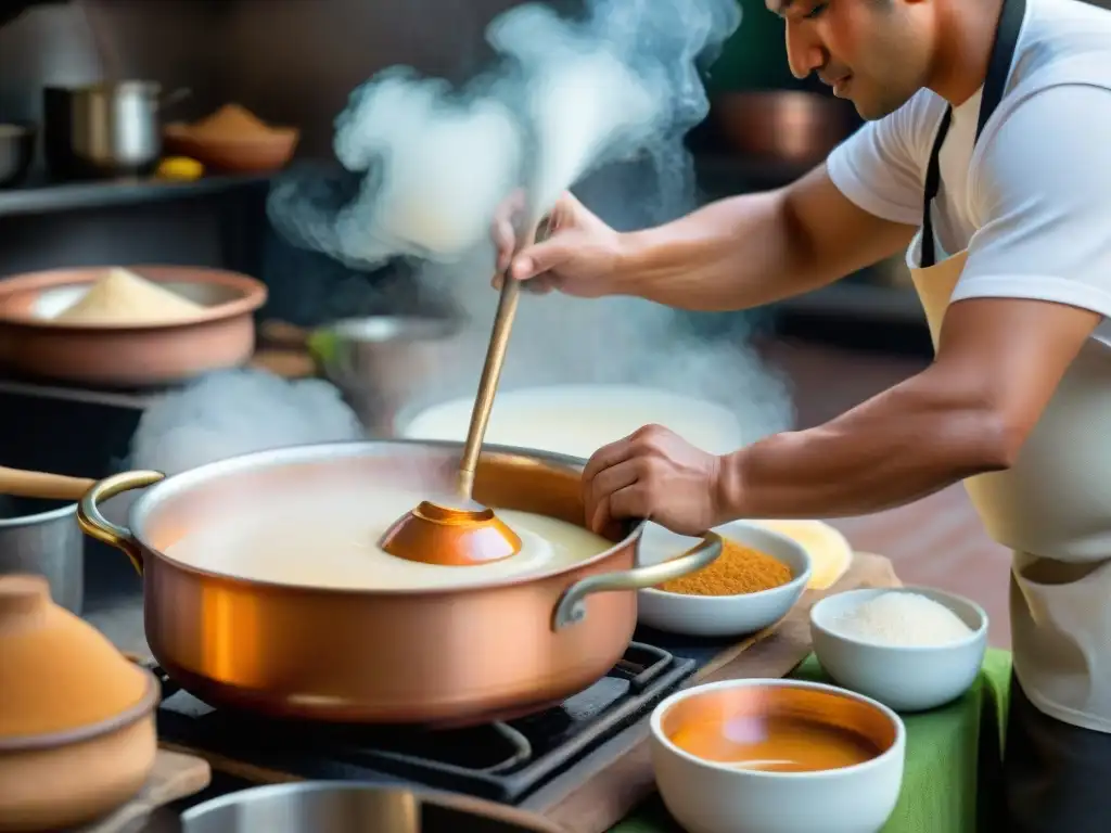 Un chef peruano tradicional preparando dulce de leche con dedicación en cálida cocina