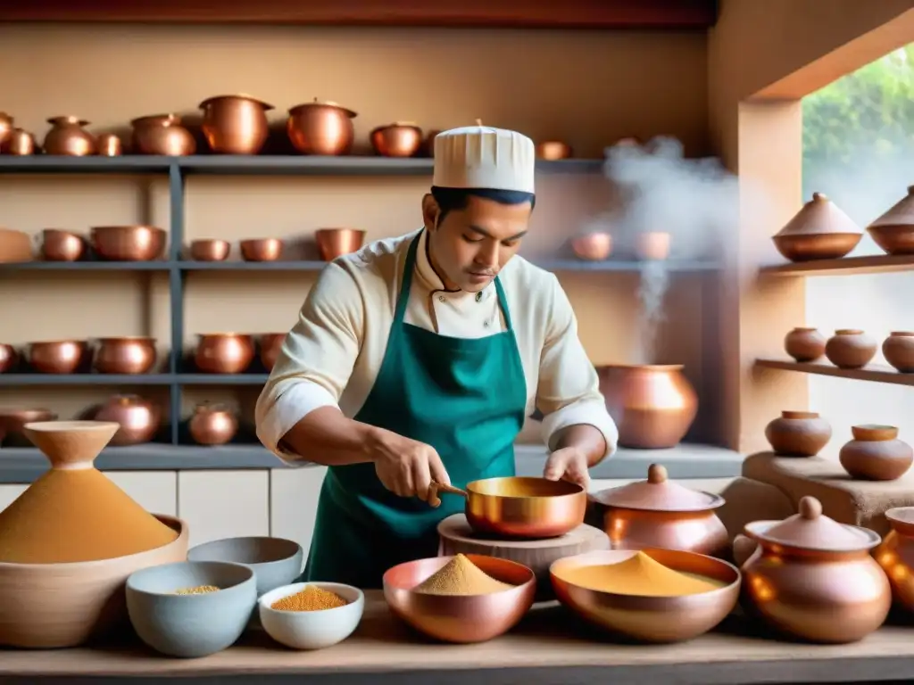 Un chef peruano tradicional preparando dulce de leche en una cocina rústica con ingredientes autóctonos