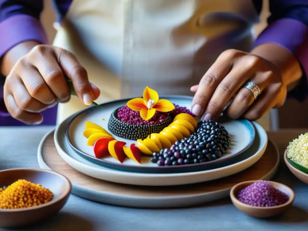 Un chef peruano tradicional decorando ingredientes autóctonos con detalle en un plato de cerámica