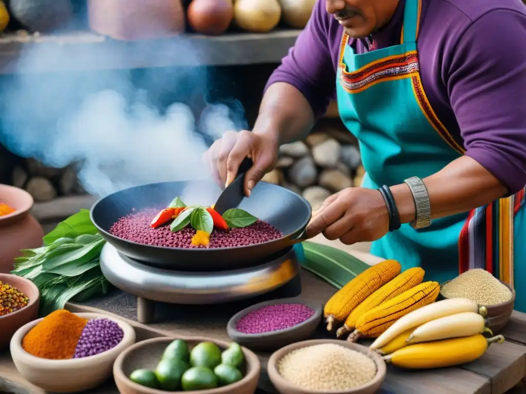 Un chef peruano tradicional envuelve ingredientes en hojas de plátano para preparar una Pachamanca