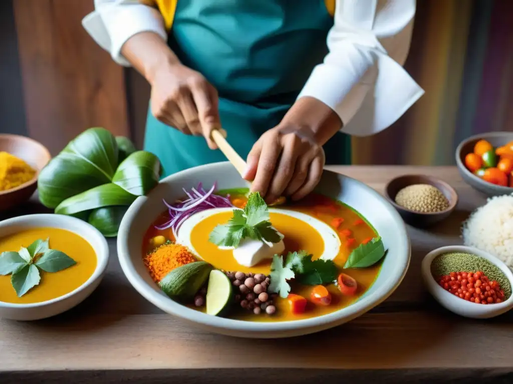 Un chef peruano tradicional estiliza ingredientes para una fotografía de sopas peruanas