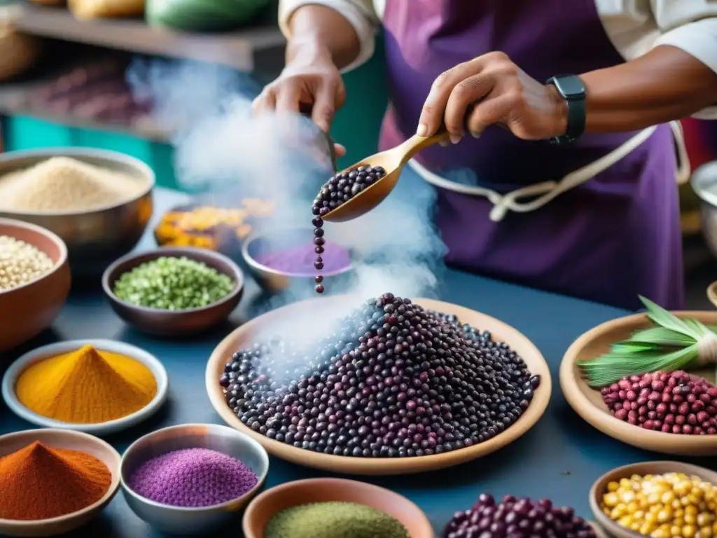 Un chef peruano tradicional preparando maíz morado en un mercado con precisión y destreza, resaltando los beneficios del maíz morado peruano