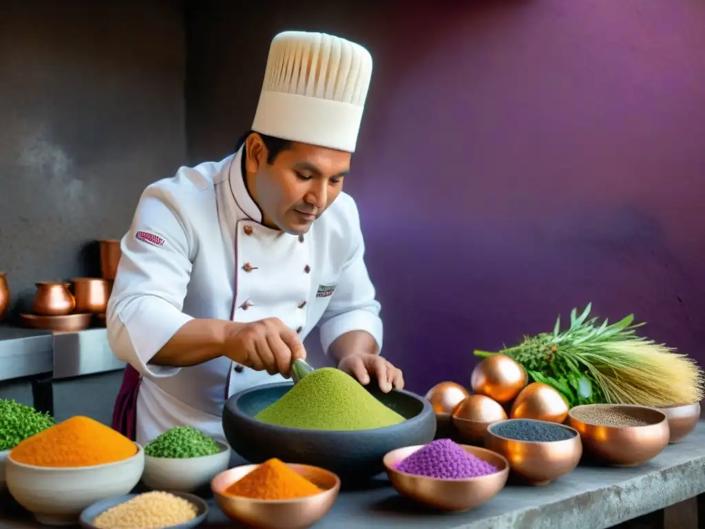 Un chef peruano tradicional muele maíz morado en un molcajete de piedra volcánica