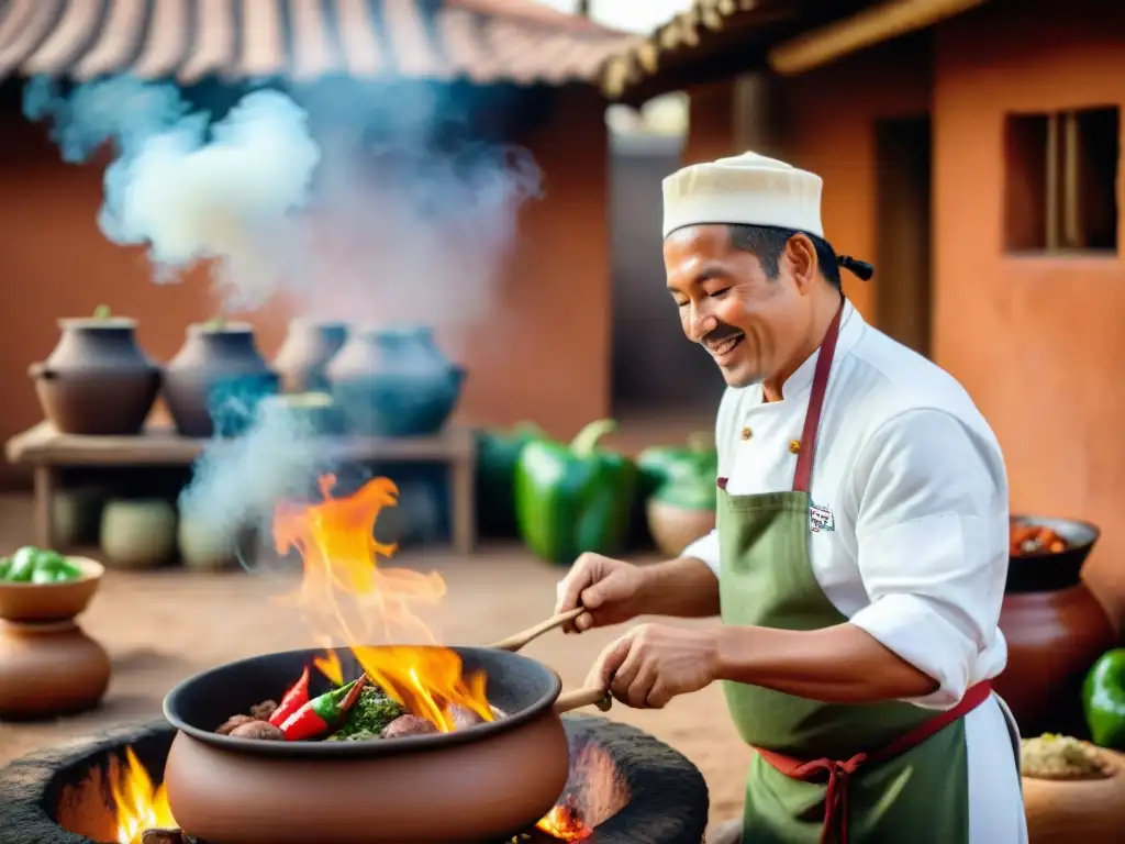 Un chef peruano tradicional cocinando en olla de barro con ingredientes frescos y coloridos