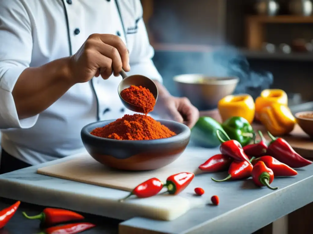 Un chef peruano tradicional muele Ají Panca en un mortero, creando una pasta vibrante