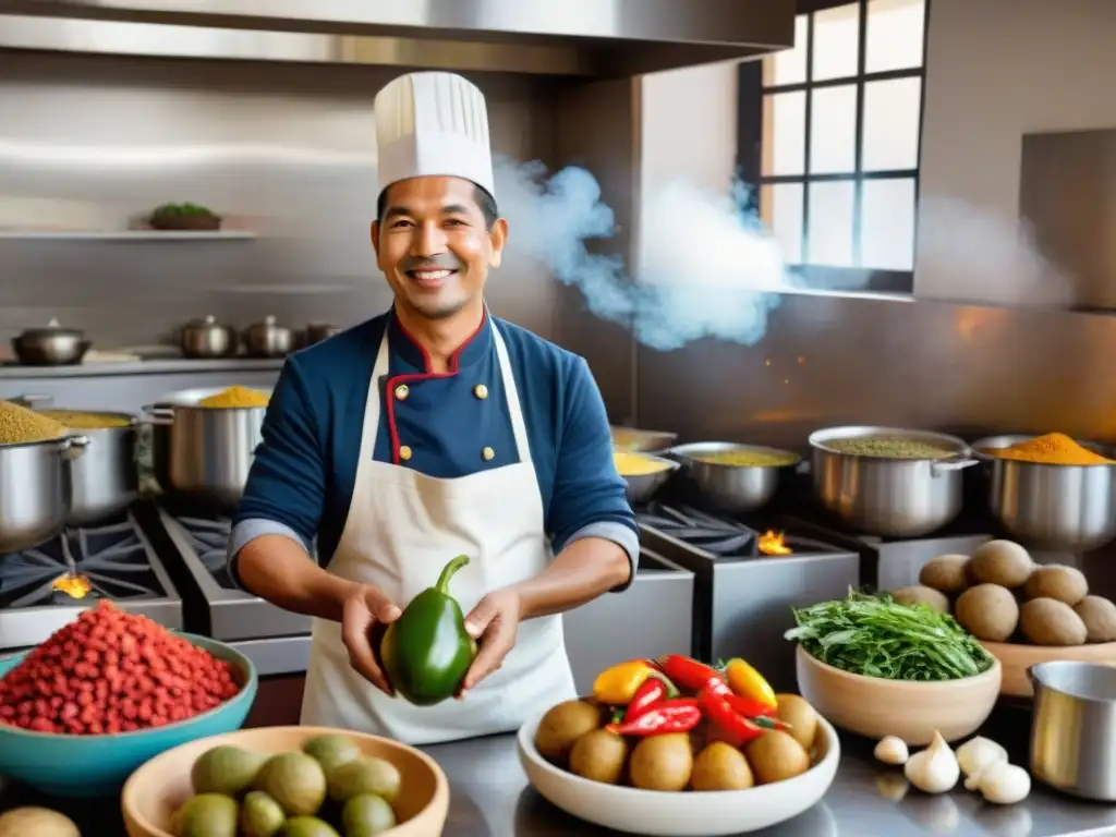 Un chef peruano tradicional preparando Papas a la Diabla en una cocina bulliciosa