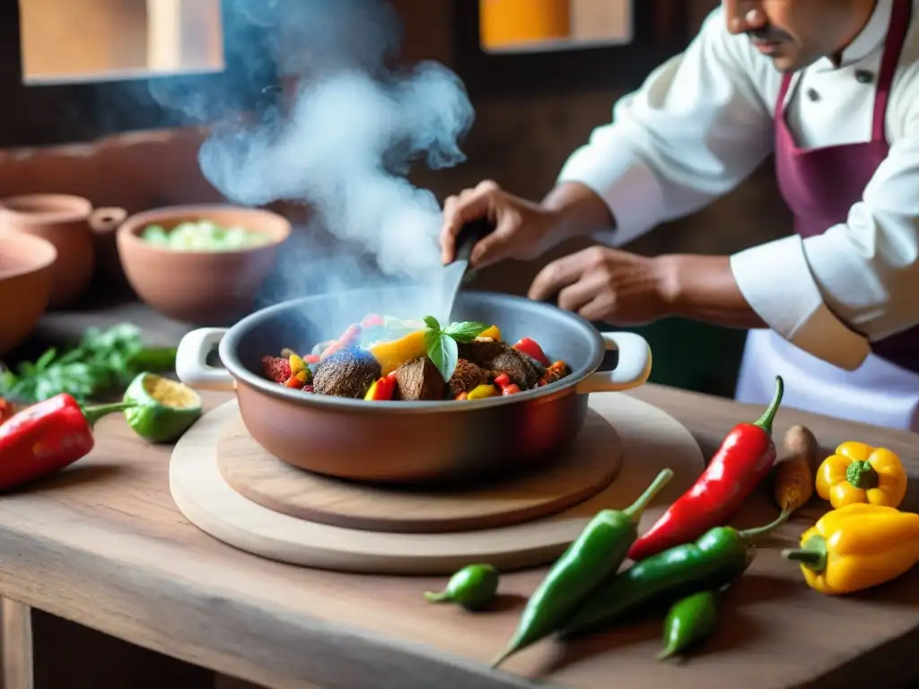 Un chef peruano prepara un tradicional Picante de Cuy con ingredientes coloridos