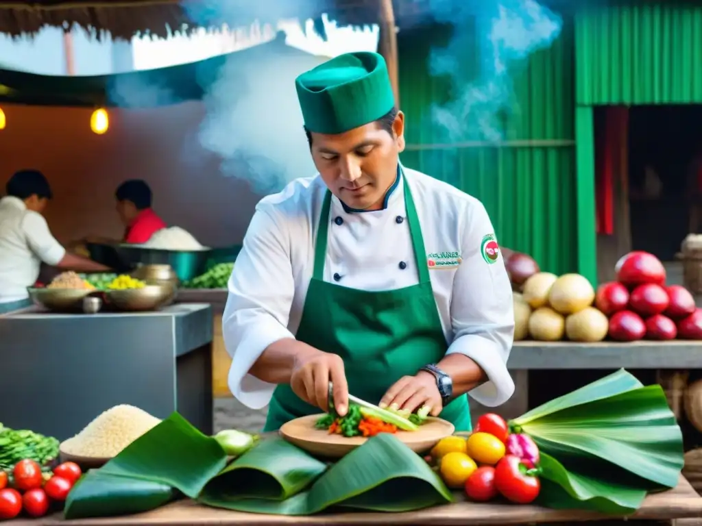 Un chef peruano tradicional envuelve hábilmente un platillo maito indígena en hojas de plátano, en un mercado vibrante de Perú