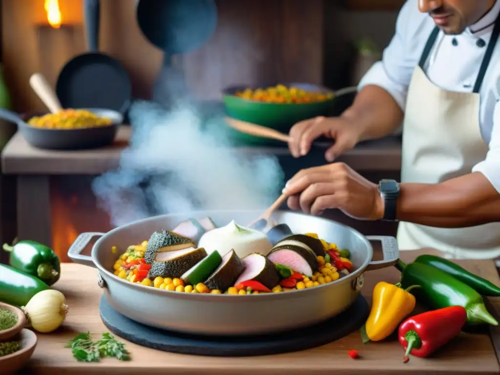 Un chef peruano preparando el tradicional plato Cuy Chactado en una cocina rústica