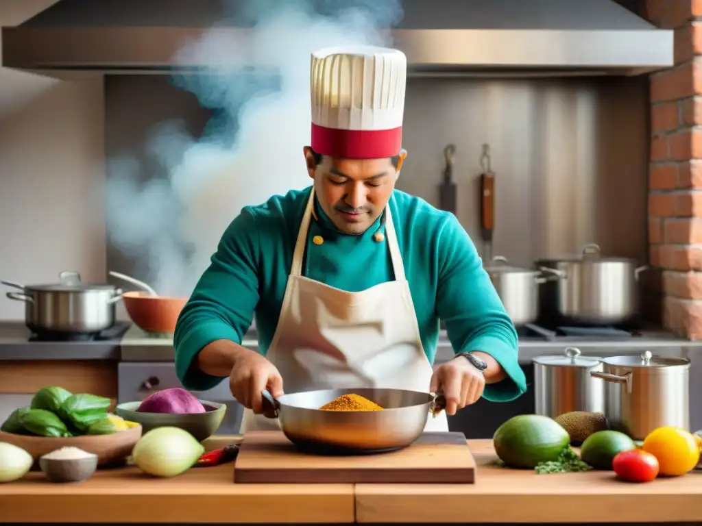 Un chef peruano tradicional preparando plato clásico en cocina rústica