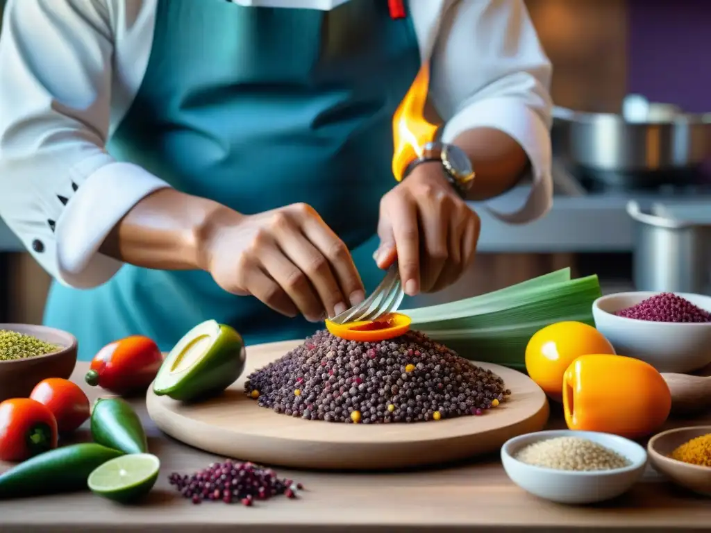 Un chef peruano tradicional prepara un plato con ingredientes autóctonos con precisión, destacando la importancia de la gastronomía peruana