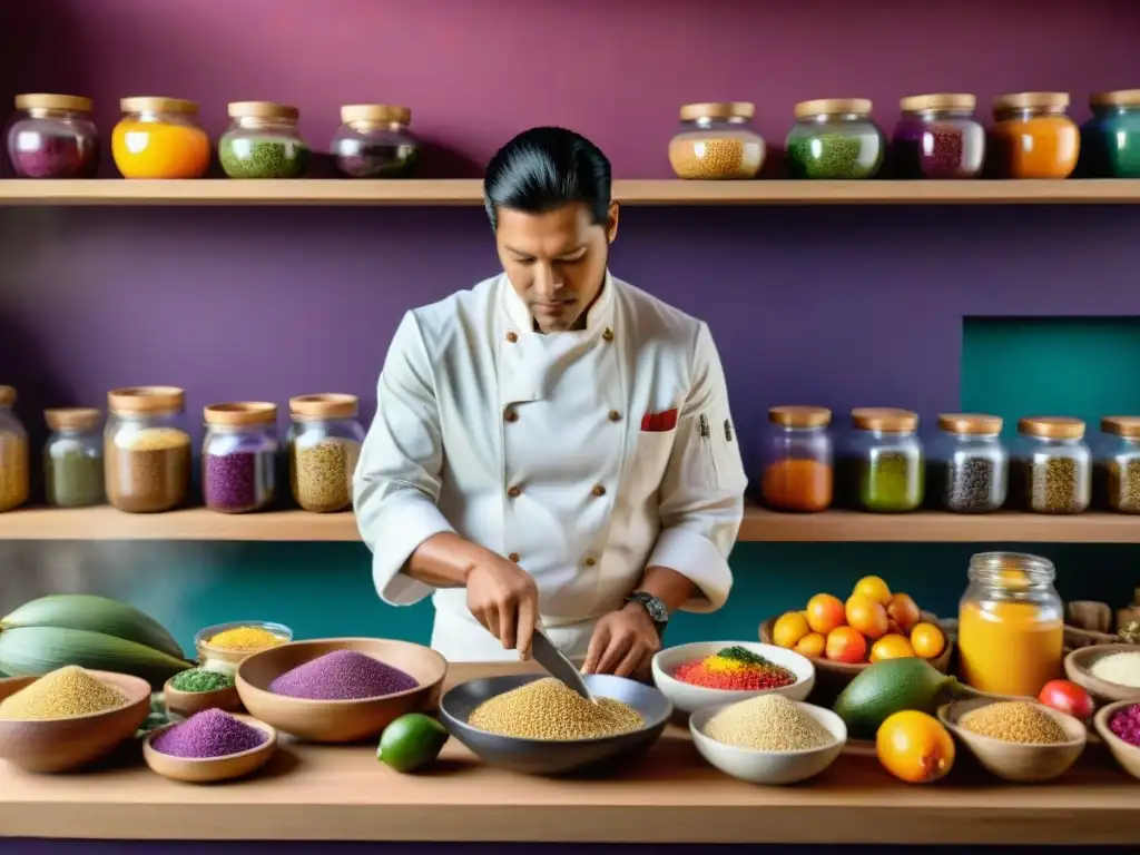 Un chef peruano tradicional preparando un plato colorido con ingredientes nativos, conservando especies a través de la gastronomía peruana