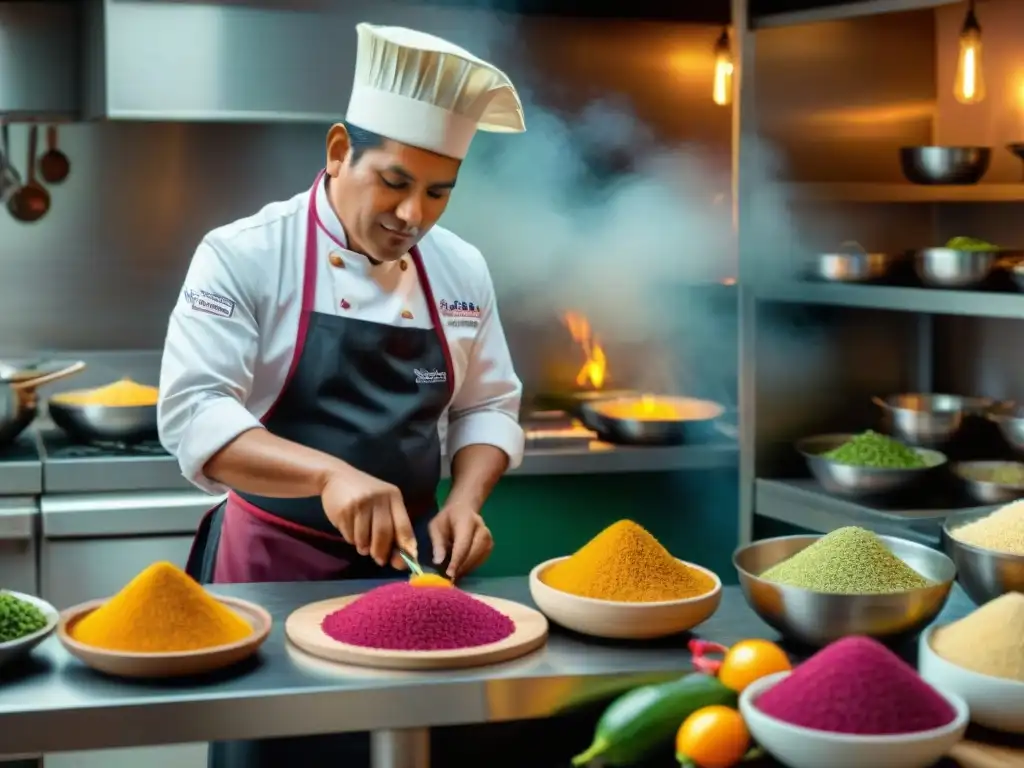 Un chef peruano tradicional preparando un plato colorido con amaranto