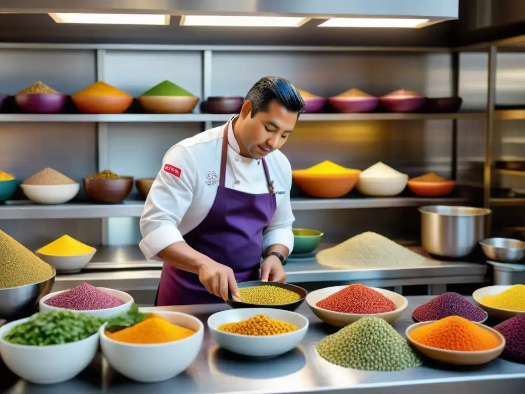 Un chef peruano tradicional preparando platos de quinua en una cocina vibrante