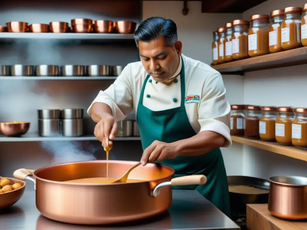 Chef peruano tradicional remueve dulce de leche en olla de cobre, mostrando precisión y paciencia