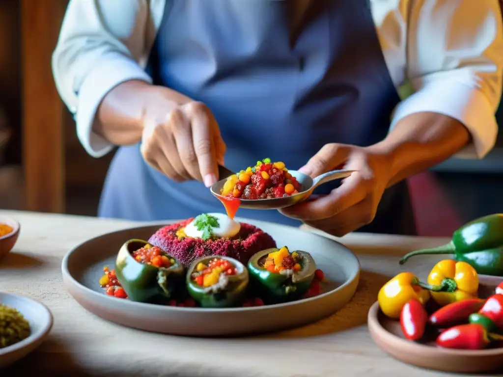 Un chef peruano tradicional preparando rocoto relleno con dedicación en cocina rústica