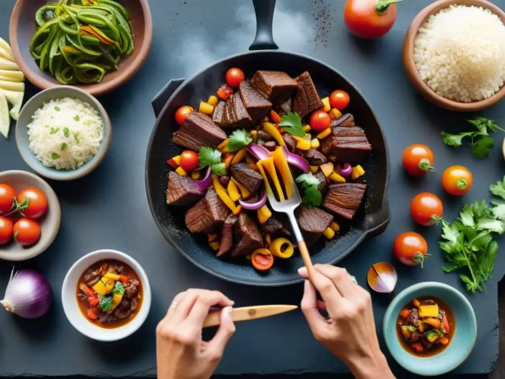 Un chef peruano tradicional preparando lomo saltado en una piedra de cocinar, rodeado de ingredientes coloridos