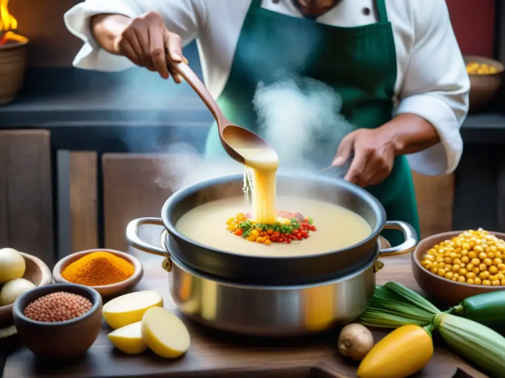 Un chef peruano tradicional remueve una sopa de quinua rodeado de ingredientes andinos