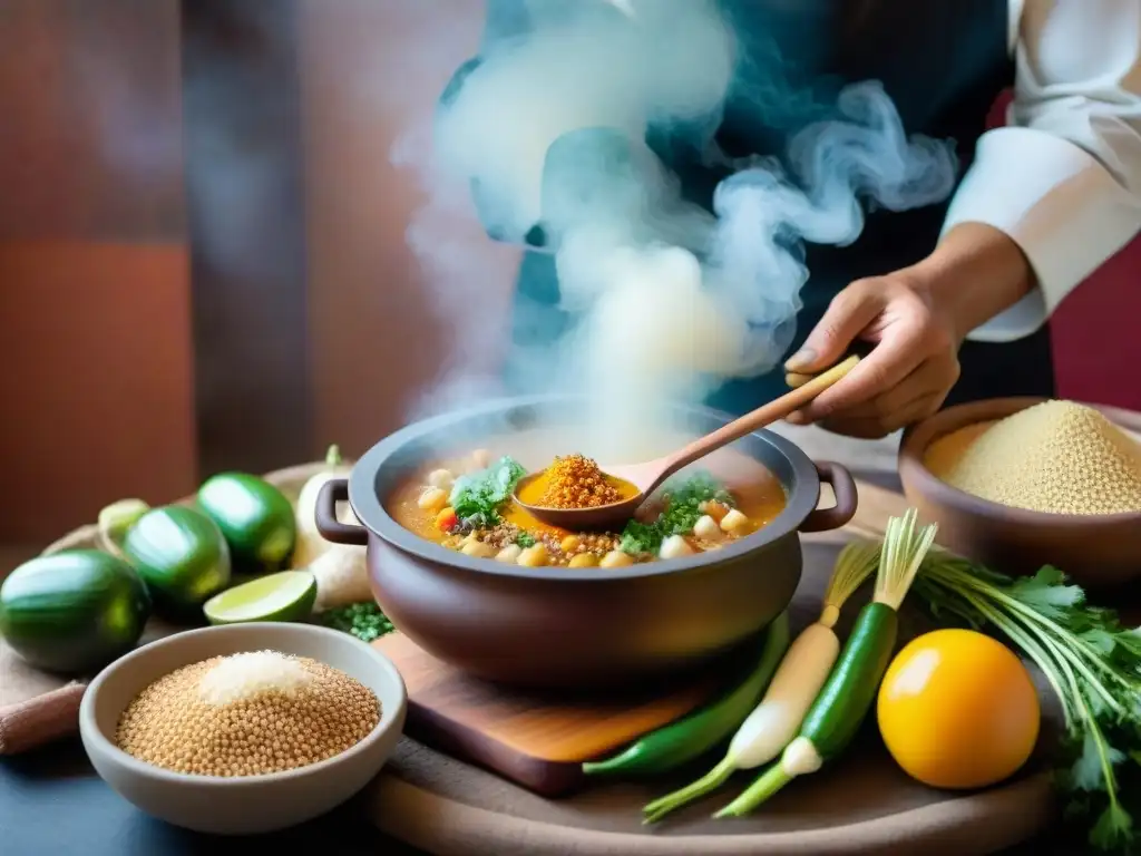 Un chef peruano tradicional preparando una sopa de quinua en un mercado local