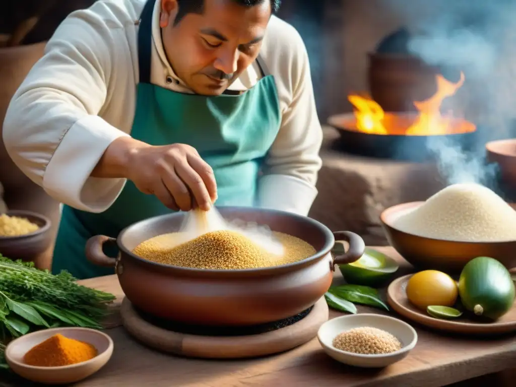 Un chef peruano tradicional preparando sopa de quinoa autóctona en cocina rústica