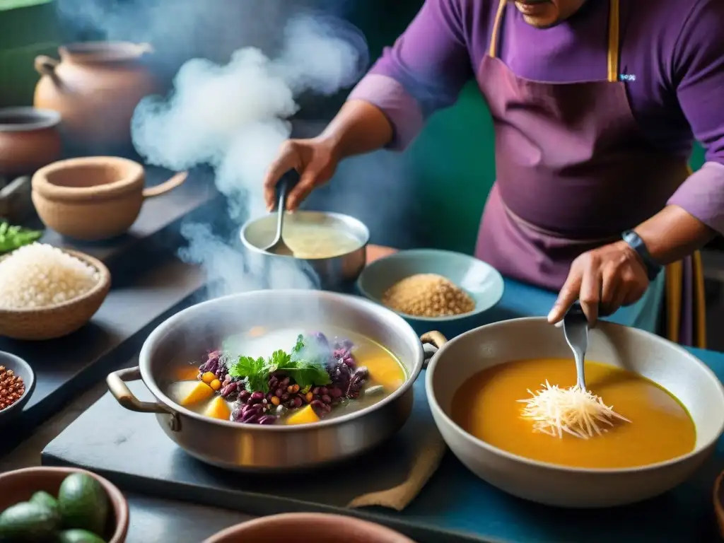 Un chef peruano tradicional preparando la Sopa ancestral Saralawa Andes en una cocina bulliciosa