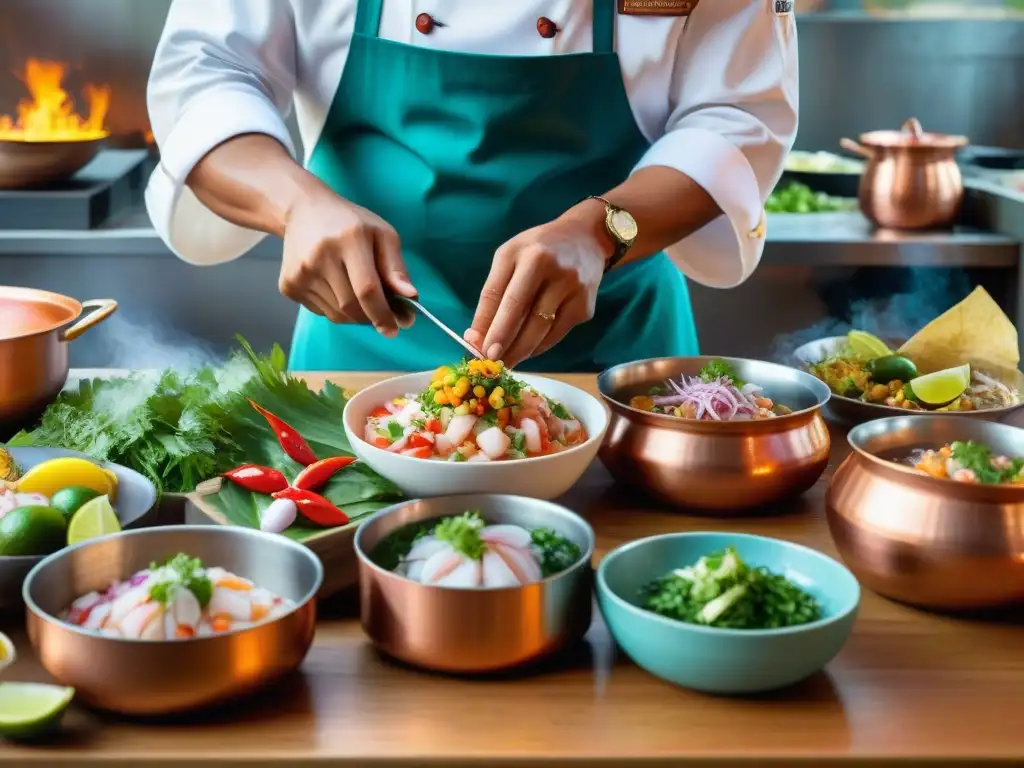 Un chef peruano tradicional exhibe técnicas de presentación gastronómica impecable al decorar un colorido ceviche