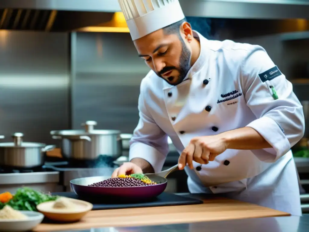 Chef peruano cocina tradicional vegana: Chef Pedro Miguel Schiaffino crea con pasión un vibrante plato vegano en una bulliciosa cocina peruana