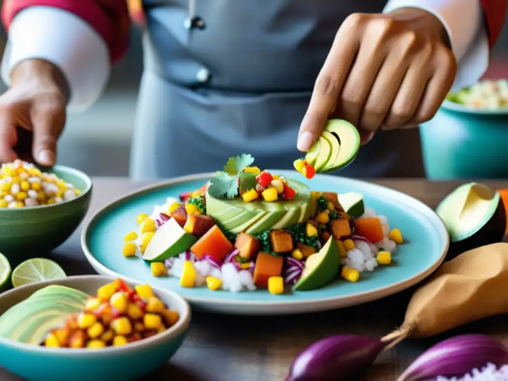 Chef peruano cocina tradicional vegana: Maestro prepara ceviche vegano con destreza en mercado limeño vibrante