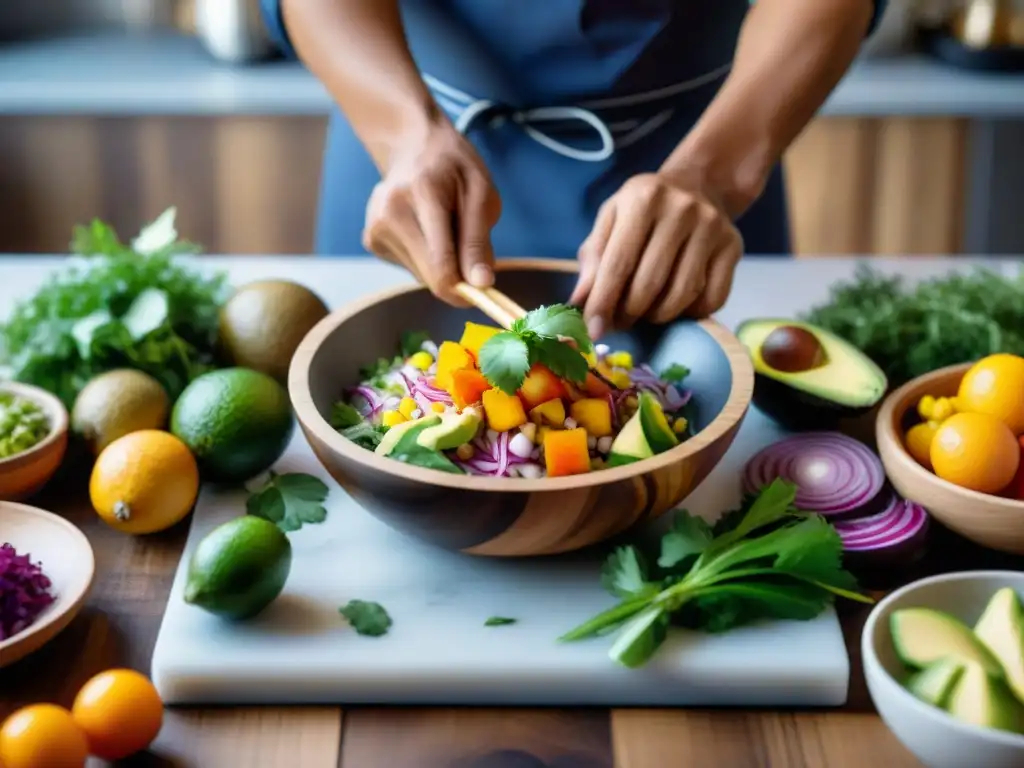 Chef peruano cocina tradicional vegana: Preparación de ceviche vegetal con maestría en cocina rústica