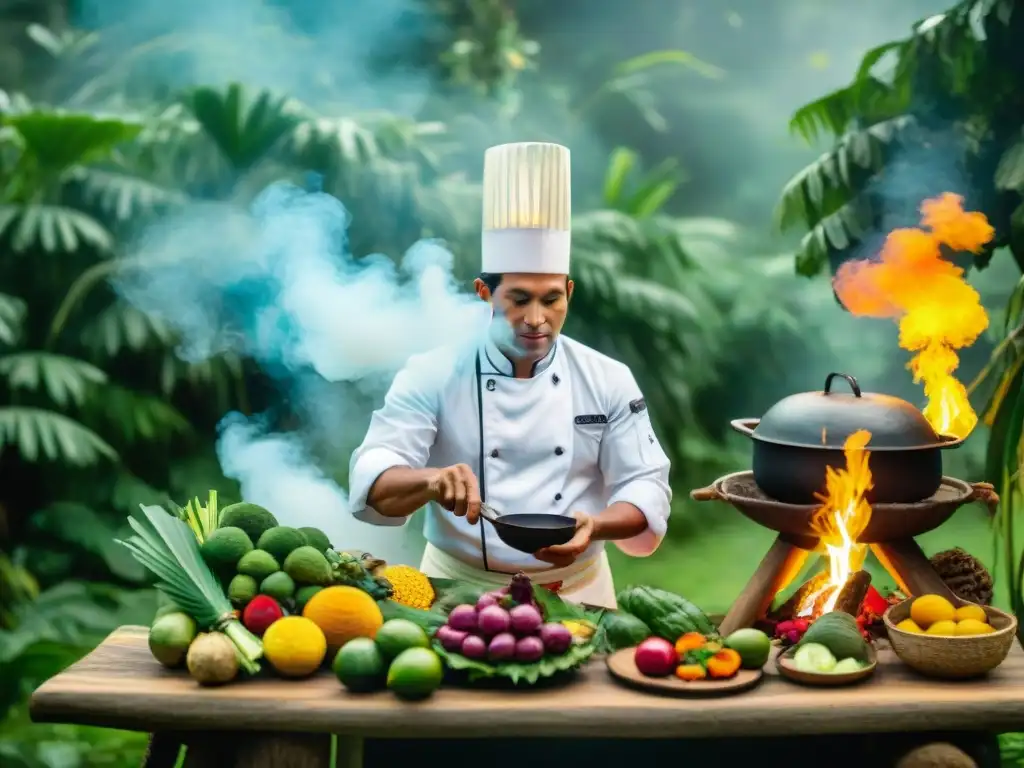 Un chef peruano en traje amazónico preparando una receta tradicional en la selva, rodeado de vegetación exuberante y frutas exóticas