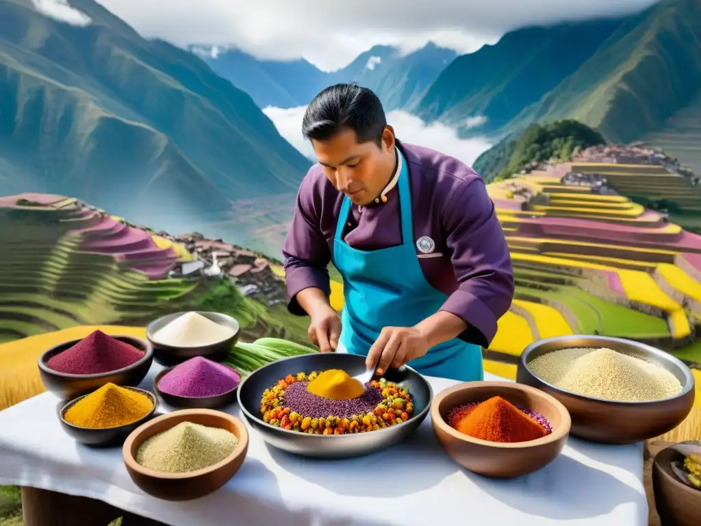 Un chef peruano en traje andino preparando plato colorido con ingredientes autóctonos