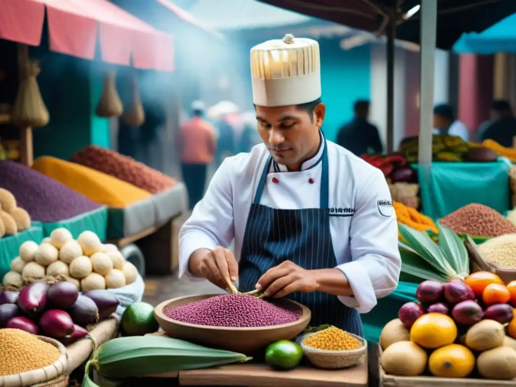 Un chef peruano en traje tradicional preparando ingredientes locales en un bullicioso mercado