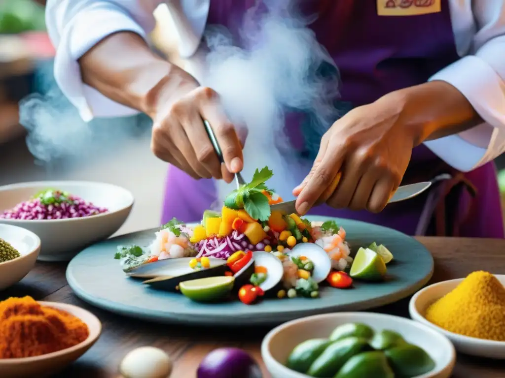 Un chef peruano en traje tradicional preparando ceviche con ingredientes locales en un mercado de Lima, conservación cultural gastronomía