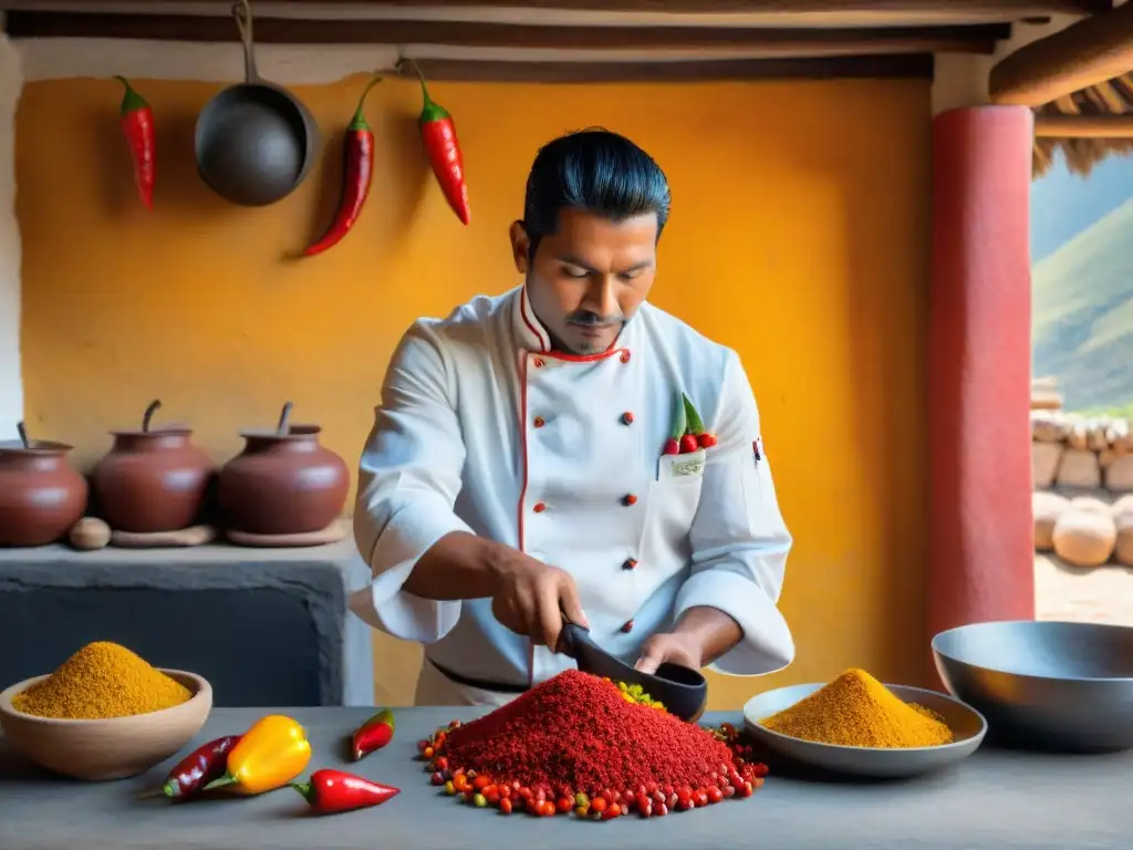 Un chef peruano en traje tradicional muele ajíes en un molcajete de piedra