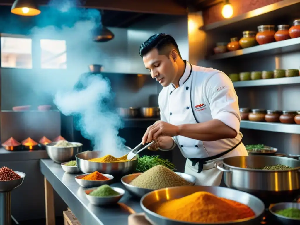 Un chef peruano preparando Tripa Mishqui en una cocina tradicional, con especias y utensilios de cocina