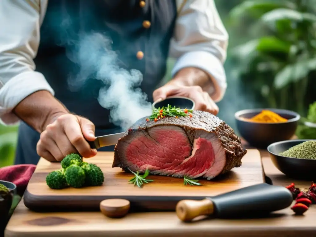 Un chef peruano sazona con maestría un trozo de venado en una cocina rústica rodeada de vegetación, destacando los sabores silvestres en gastronomía peruana