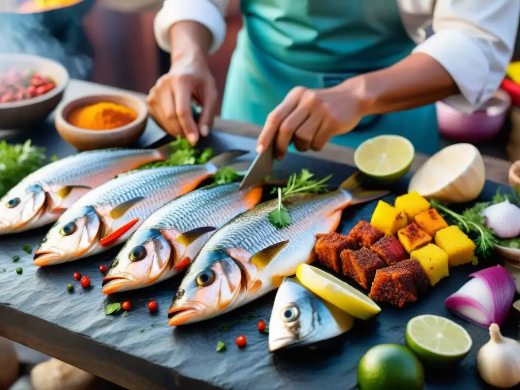 Un hábil chef peruano marina trozos de pescado con especias vibrantes para hacer anticuchos, en un mercado peruano bullicioso