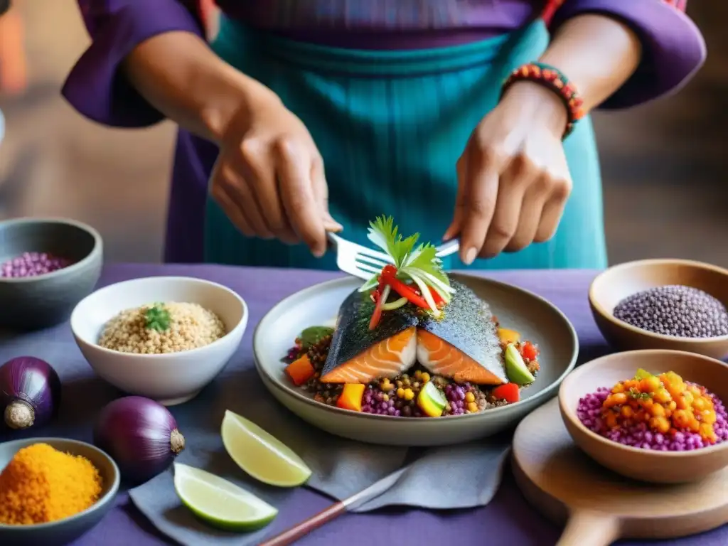 Un chef peruano prepara una trucha andina rodeado de ingredientes coloridos en una cocina tradicional