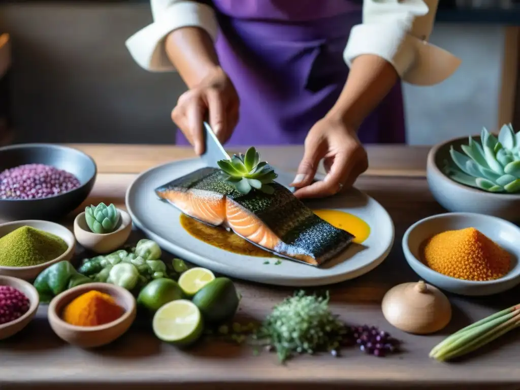 Un chef peruano preparando trucha andina en cocina tradicional, destacando colores vibrantes de ingredientes frescos