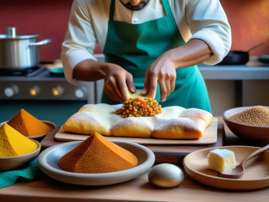 Un chef peruano preparando turrón de Doña Pepa en una cocina tradicional llena de ingredientes coloridos y utensilios de cocina