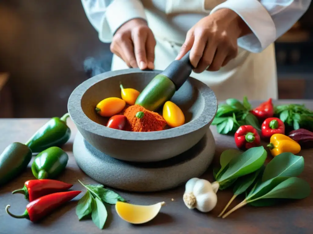 Un chef peruano utiliza utensilios de piedra en cocina peruana para moler ingredientes vibrantes como ajíes, ajo y cilantro