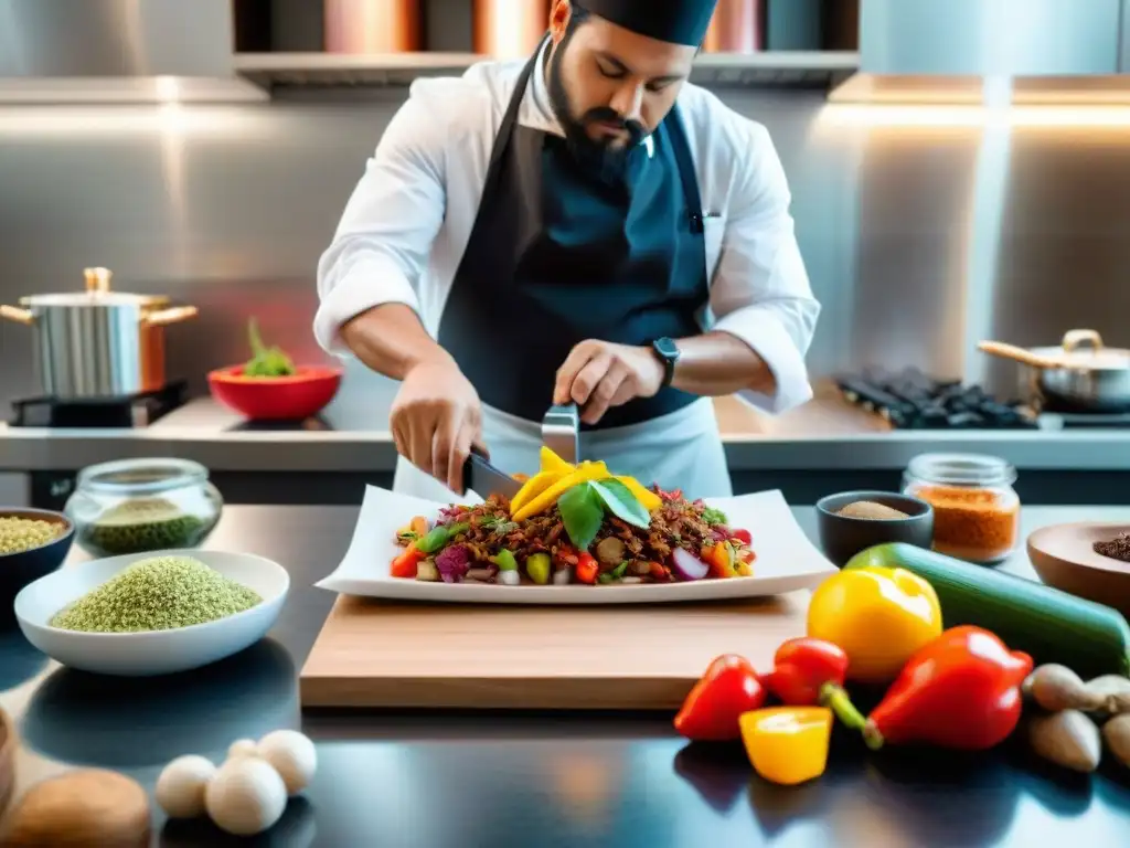 Un chef peruano sella al vacío platillos tradicionales en cocina moderna, fusionando técnicas de conservación modernas Perú