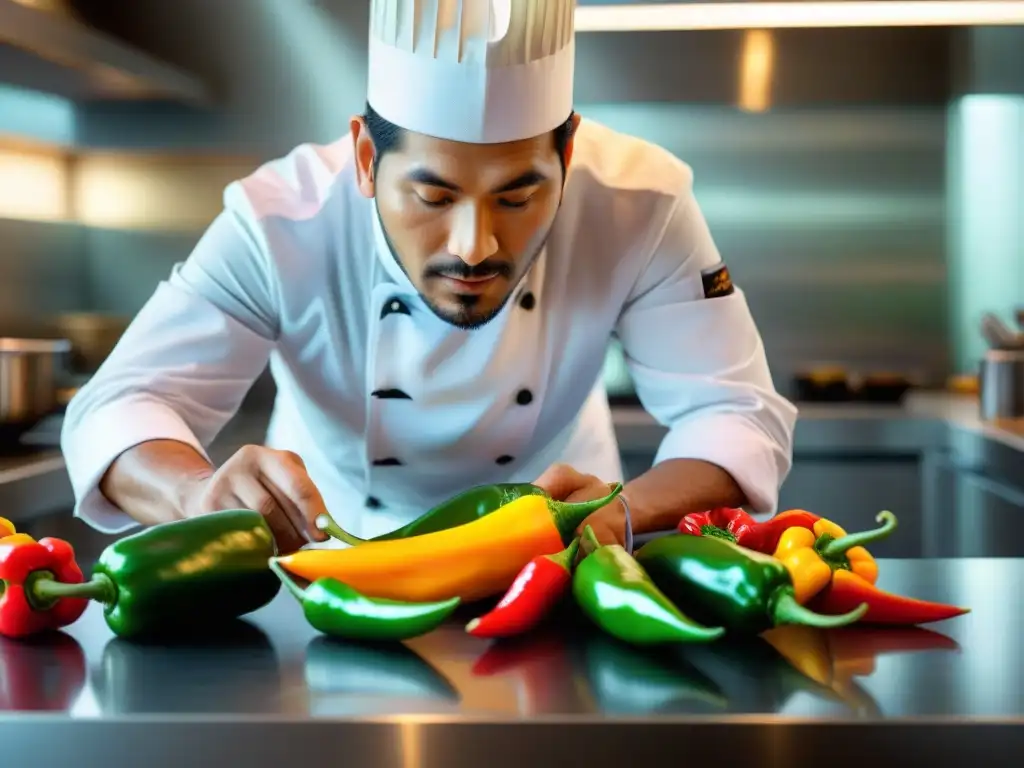 Un chef peruano cortando variedades de ajíes peruanos gourmet en una cocina moderna