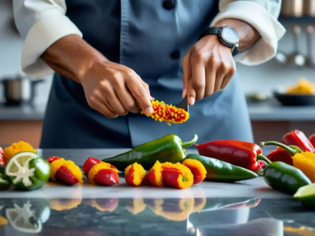 Un chef peruano cortando variedades de ajíes peruanos gourmet en una cocina moderna y elegante